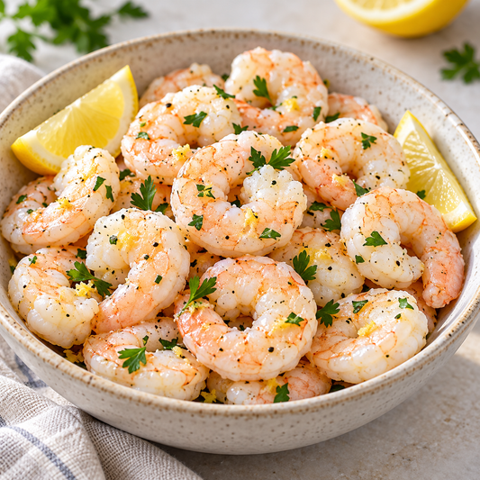 Cooked White Shrimp with lemon and parsley — serving suggestion