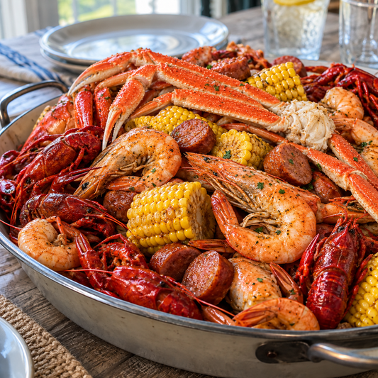 Seafood boil with crawfish, snow crab, shrimp, sausage and corn β lifestyle serving suggestion