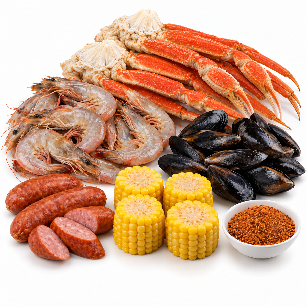 Seafood boil with mussels, snow crab, shrimp, sausage and corn — ingredients on white background