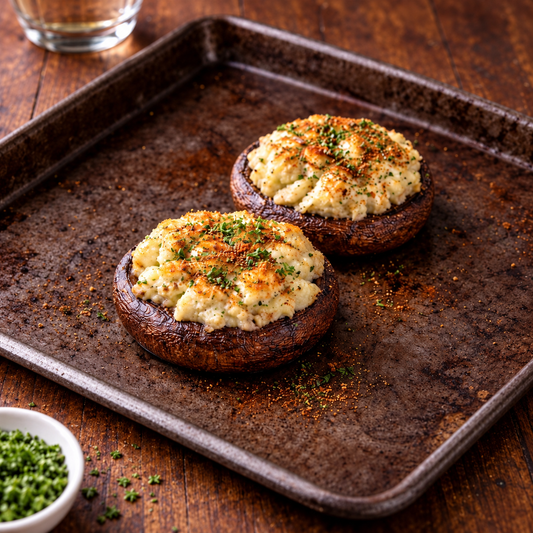 Crab-stuffed portobello mushrooms on a baking sheet — serving suggestion; sold individually