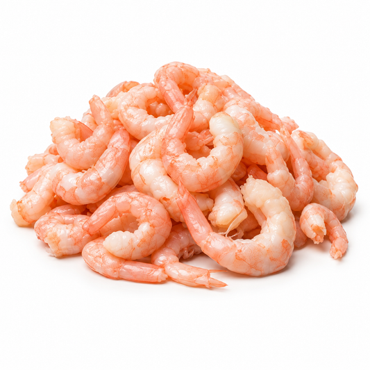 Peeled and deveined Gulf Pink Shrimp on white background