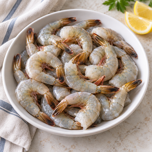 Raw shell-on deveined Gulf White Shrimp in a bowl — preparation suggestion