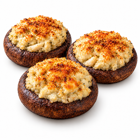 crab stuffed portobello mushrooms — product on white background