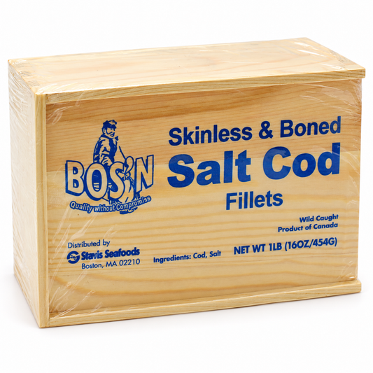 BOS'N skinless and boned salt cod fillets in the 1 lb. wooden box