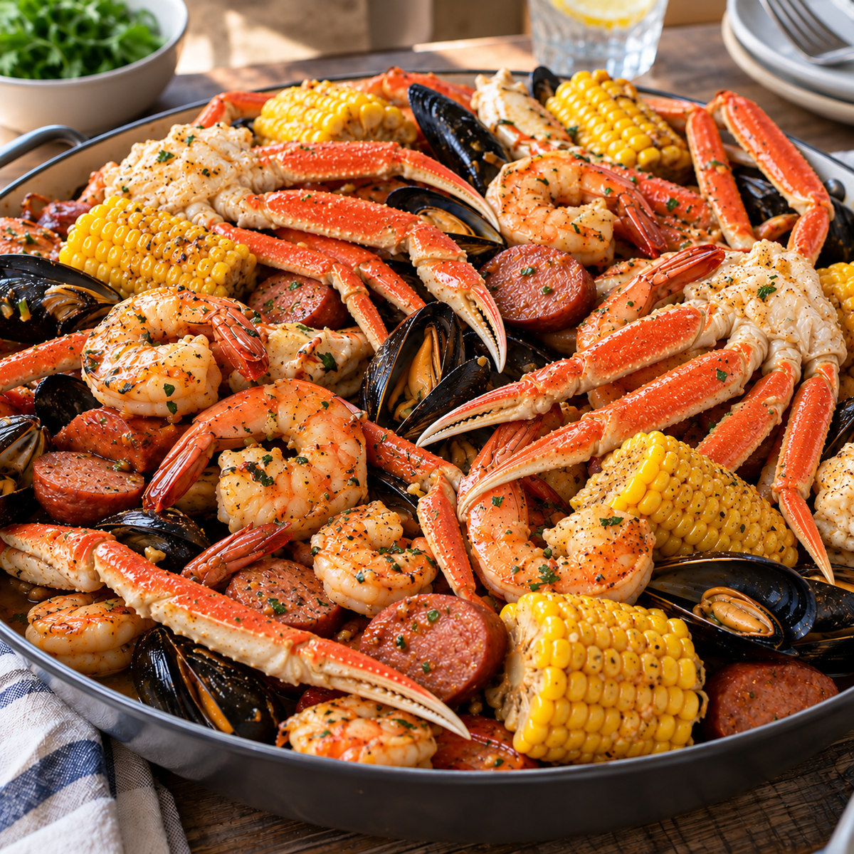 Seafood boil with mussels, snow crab, shrimp, sausage and corn — lifestyle serving suggestion