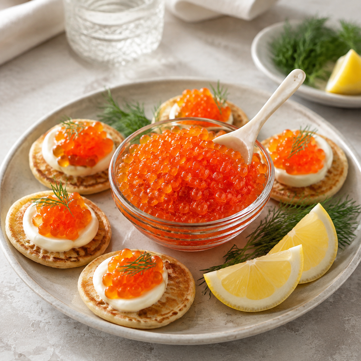 Wild Alaskan Chum Salmon Caviar (Ikura) 17 oz. — lifestyle serving suggestion